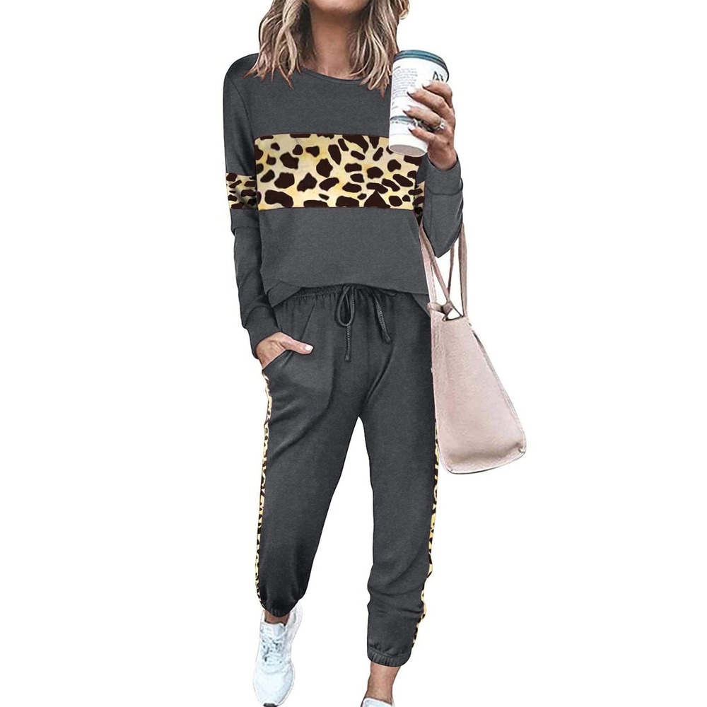NWT PRETTYGARDEN Leopard Lounge Set‎ Joggers Top Dark Gray Small